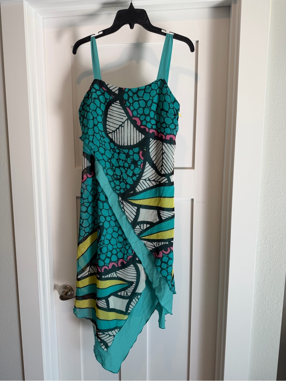NWT Loren KLAIRIE Teal Abstract Print Handkerchief Hem Dress